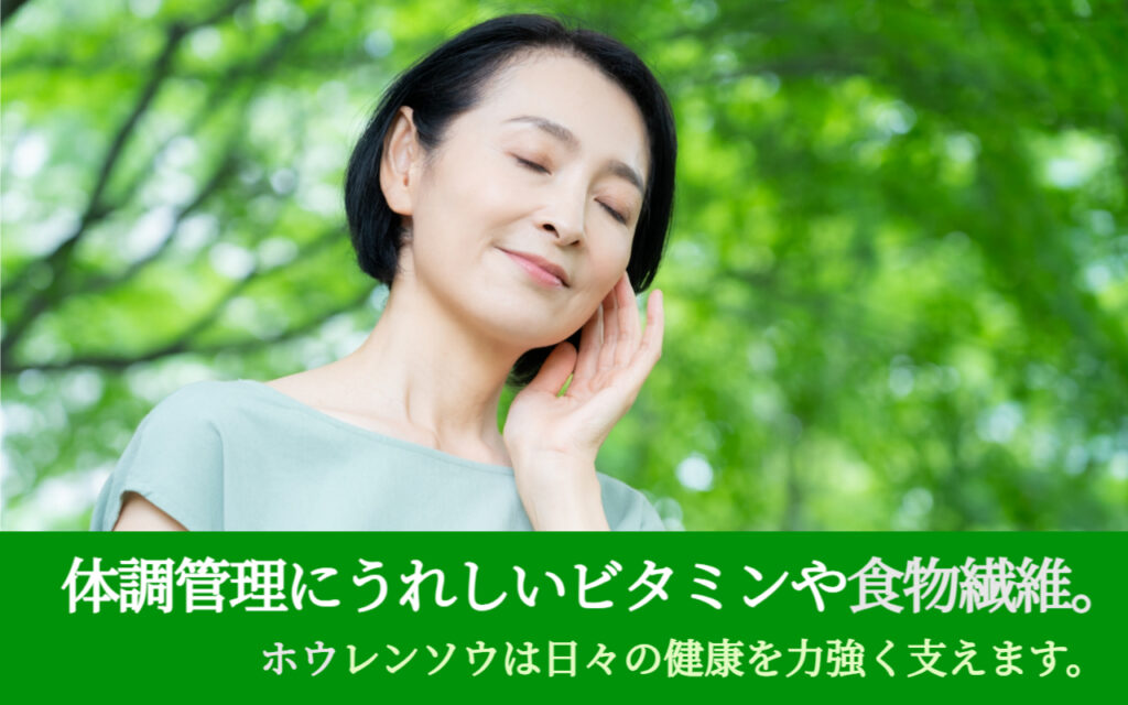 体調管理にうれしいビタミンや食物繊維。ホウレンソウは日々の健康を力強く支えます。