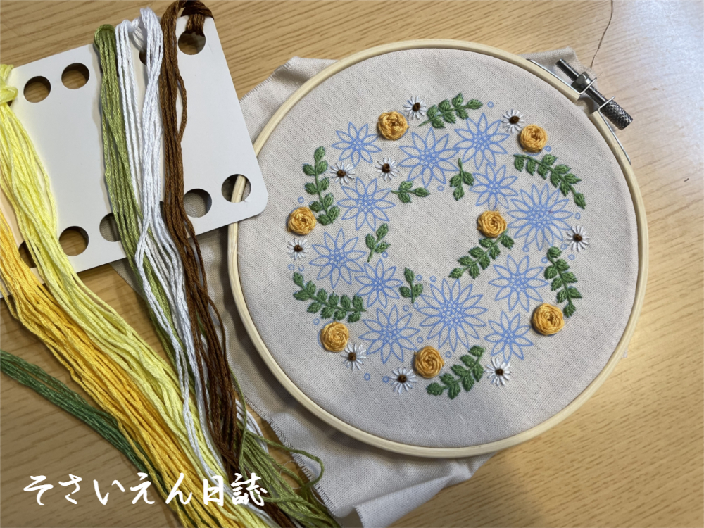 春の刺繍、野の花を描く