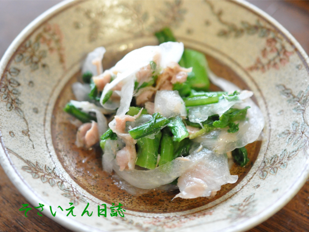 新玉ねぎ効果、春菊、ツナの塩和え