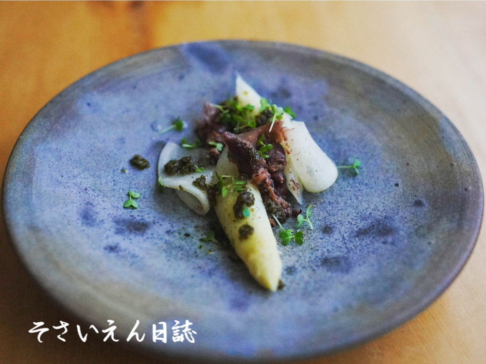 ほたるイカとホワイトアスパラ、蕗のとう